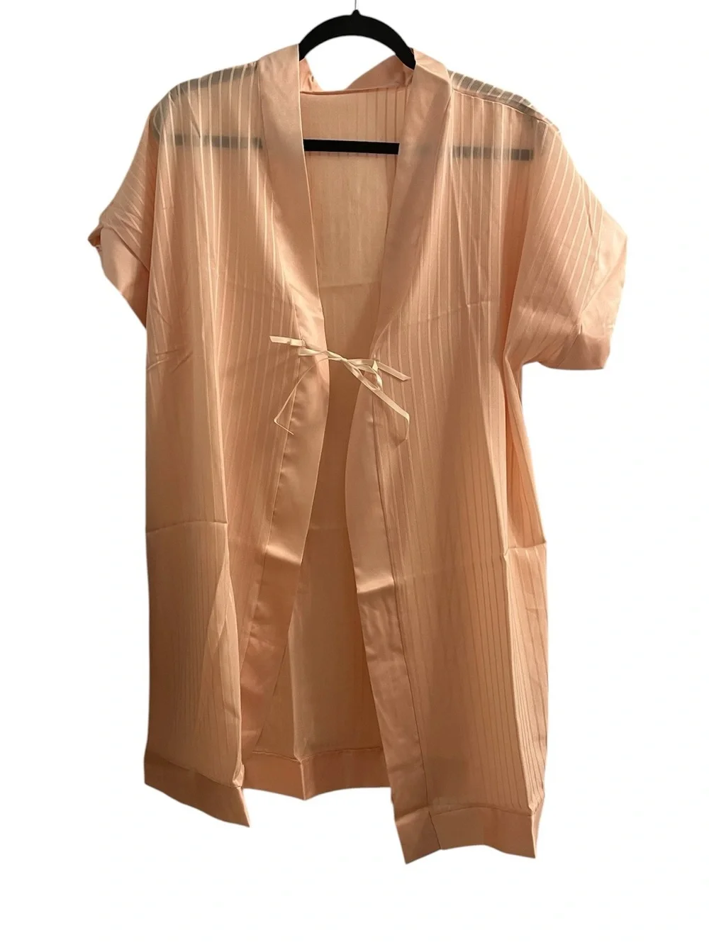 Vintage Sheer Stripe Short-Sleeve Kimono Robe - Peach
